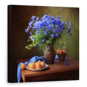 Tablou Canvas - Natura Moarta Cu Un Buchet De Flori De Porumb Si Caise, 60 x 60 cm