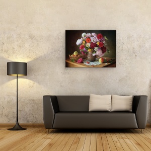 Tablou Canvas - Natura Moarta Cu Un Buchet De Flori si Mere, 75 x 100 cm - Img 2