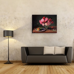 Tablou Canvas - Natura Moarta Cu Un Buchet De Trandafiri si Fructe, Fructe, 60 x 80 cm - Img 2