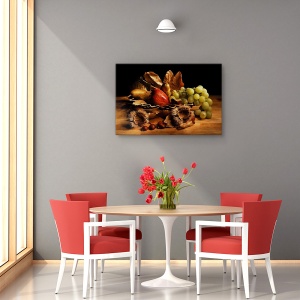 Tablou canvas - Natura moarta, Natura moarta, Struguri, Mere, Frunze, 80 x 120 cm - Img 4