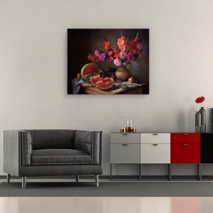 Tablou Canvas - Natura Moarta, Pepene Galben, Fructe, Mar, Vaza, Flori, Vara, 40 x 50 cm - Img 2