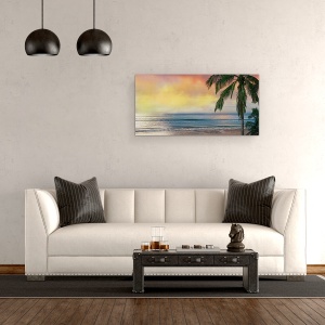Tablou canvas - Natura, Peisaj, Marea, Valuri, Palmier, Apus De Soare, Pictura, 50 x 100 cm - Img 2