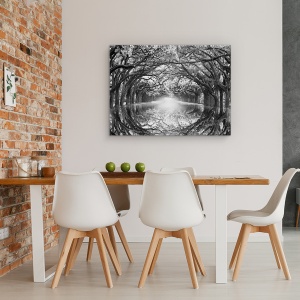 Tablou canvas - Natura, Peisaj, Padure, Alb-Negru, Lac, Reflectie, Pictura, 50 x 70 cm - Img 4