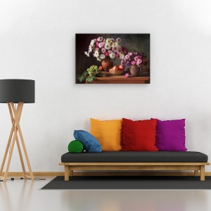 Tablou canvas - Natura statica cu flori de toamna si stuguri, Natura moarta, Buchet, Flori, Decor, 60 x 90 cm - Img 2