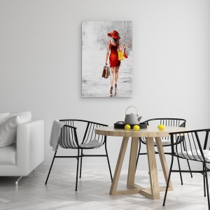 Tablou canvas - Oameni, Femeie, Rochie Rosie, Genti, Pictura, 80 x 120 cm - Img 4