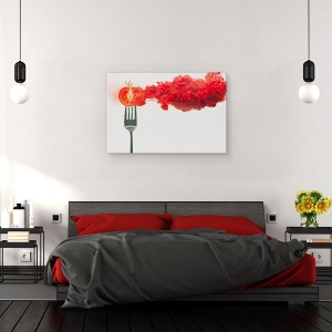 Tablou canvas - Rosii Dezintegrate, Rosie, Bucatarie, Furca, Tacamuri, Fum, 80 x 120 cm - Img 3