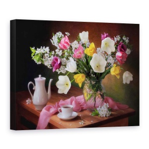 Tablou Canvas - Starea De Spirit De Primavara, Cafea, Buchet, Flori, Vaza, 60 x 80 cm