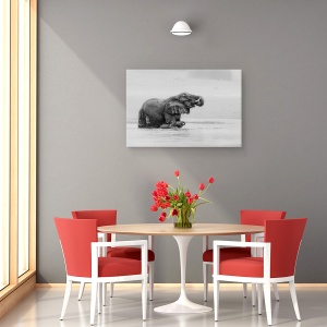 Tablou canvas - Traversarea Raului Cu Mama, Trecere, Alb-Negru, Elefanti, 80 x 120 cm - Img 4