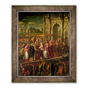 Tablou inramat - Andrea Vicentino - Regele Henri al III-lea 1551-89 al Frantei vizitand Venetia in 1574, escortat de Doge Alvise Mocenigo si intalnit de Patriarhul Giovanni Trevisan, 70 x 85 cm