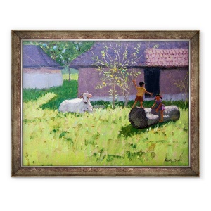 Tablou inramat - Andrew Macara - VACa ALBa sI DOI COPII, INSULA MANKOTTA, KERALA, 70 x 90 cm