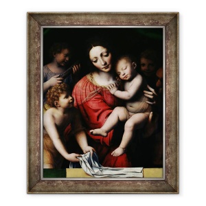 Tablou inramat - Bernardino Luini - Isus adormit, sau Madonna detine copilul adormit, insotit de trei ingeri, 50 x 60 cm