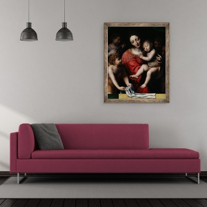 Tablou inramat - Bernardino Luini - Isus adormit, sau Madonna detine copilul adormit, insotit de trei ingeri, 50 x 60 cm - Img 2