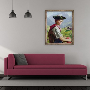 Tablou inramat - Emil Karl Rau - Fata cu o palarie in peisaj montan, 50 x 60 cm - Img 2