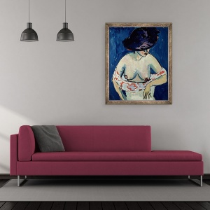 Tablou inramat - Ernst Ludwig Kirchner - Femeie pe jumatate dezbracata cu o palarie, 50 x 60 cm - Img 2