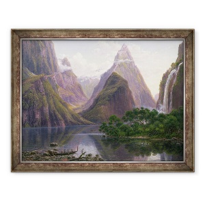 Tablou inramat - Eugen von Guerard - Figurile native intr-o canoe de la Milford Sound, West Coast of South Island, Noua Zeelanda, de asemenea, descrise sunt Mitre Peak si Bowens Fall, 70 x 90 cm