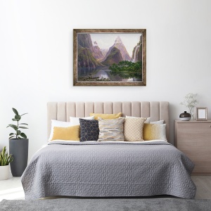 Tablou inramat - Eugen von Guerard - Figurile native intr-o canoe de la Milford Sound, West Coast of South Island, Noua Zeelanda, de asemenea, descrise sunt Mitre Peak si Bowens Fall, 70 x 90 cm - Img 3