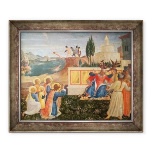 Tablou inramat - Fra Angelico - Sfintii Cosma si Damian sunt aruncati in mare, demonii scapa din gura proconsulului Lysias, din predella altarul San Marco, 50 x 60 cm