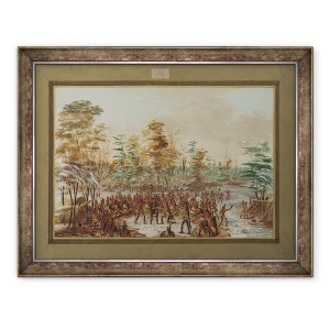 Tablou inramat - George Catlin - De Tonty a dat in judecata pentru pace in satul Iroquois in ianuarie 1680, 60 x 80 cm