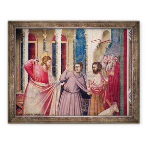 Tablou inramat - Giotto di Bondone - Isus ii urmareste pe negustori din Templu, detaliu al lui Hristos si doi negustori, 70 x 90 cm