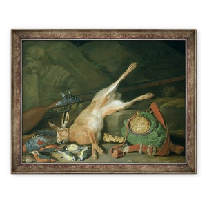 Tablou inramat - Hieronymus Galle the Elder - Natura moarta a unui iepure cu echipament de vanatoare ulei pe panza, 70 x 90 cm
