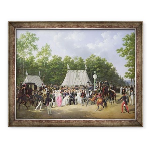 Tablou inramat - Hippolyte Lecomte - Ludovic al XVIII-lea 1755-1824 Salutand Marie-Caroline-Ferdinande de Bourbon, Printesa a Siciliei, in padurea de la Fontainebleau, 15 iunie 1816, 60 x 80 cm