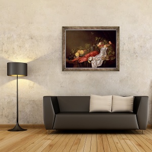 Tablou inramat - Jasper Geerards - Natura moarta de fructe si un homar pe o masa drapata, 60 x 80 cm - Img 2