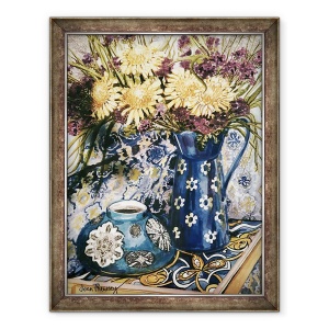 Tablou inramat - Joan Thewsey - Albastru impotriva albastru - Crizanteme si cana albastra emailata pe o tigla italiana, 60 x 80 cm