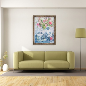 Tablou inramat - Joan Thewsey - Gerbera intr-un ulcior de coalport cu vase albastre, 60 x 80 cm - Img 2