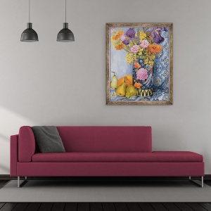 Tablou inramat - Joan Thewsey - Iris si roz intr-o vaza japoneza cu pere, 50 x 60 cm - Img 2