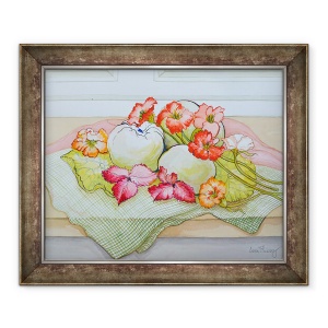 Tablou inramat - Joan Thewsey - Mere si Nasturtium pe o carpa verde, 50 x 60 cm