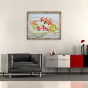 Tablou inramat - Joan Thewsey - Mere si Nasturtium pe o carpa verde, 70 x 85 cm - Img 2