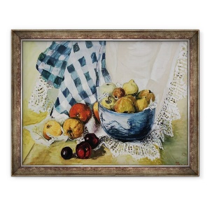 Tablou inramat - Joan Thewsey - Natura moarta cu un castron albastru, mere, pere, textile si dantela, 60 x 80 cm