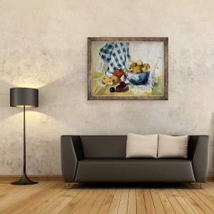 Tablou inramat - Joan Thewsey - Natura moarta cu un castron albastru, mere, pere, textile si dantela, 70 x 90 cm - Img 2