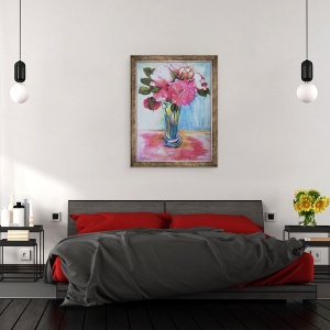 Tablou inramat - Joan Thewsey - Trandafiri roz intr-un pahar albastru, 2000, 70 x 90 cm - Img 2