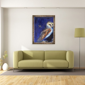 Tablou inramat - Nancy Moniz Charalambous - Bufnita si Dragonfly frunze de aur, 2013, 70 x 90 cm - Img 2