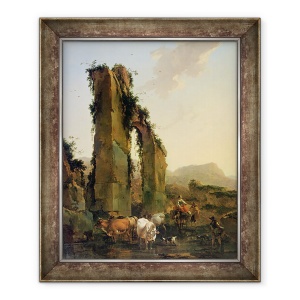 Tablou inramat - Nicolaes Pietersz. Berchem - taranii cu vite de un apeduct ruinat, 50 x 60 cm