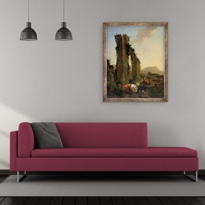 Tablou inramat - Nicolaes Pietersz. Berchem - taranii cu vite de un apeduct ruinat, 50 x 60 cm - Img 2