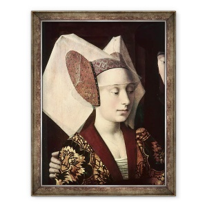 Tablou inramat - Petrus Christus - St Eligius c.588-660 ca un aurar care arata un inel cuplului angajat, detaliu al logodnicei, 70 x 90 cm