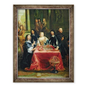 Tablou inramat - Pierre-Louis Dumesnil the Younger - Christina a Suediei 1626-89 si Curtea sa, detalii despre Regina si Rene Descartes 1596-1650 la masa ulei pe panza, 70 x 90 cm