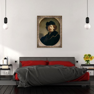 Tablou inramat - Rembrandt Harmensz van Rijn - Autoportret cu palarie si lant de aur, 70 x 90 cm - Img 3