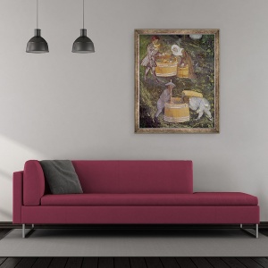 Tablou inramat - Scoala Boema - Luna octombrie, detalii de culegatori de struguri si cuve, 50 x 60 cm - Img 2