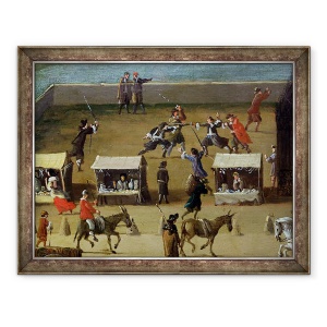 Tablou inramat - Scoala franceza - Sena, Luvru si College des Quatre-Nations din Pont-Neuf, detalii despre tarabe de piata si barbati dueland, 60 x 80 cm