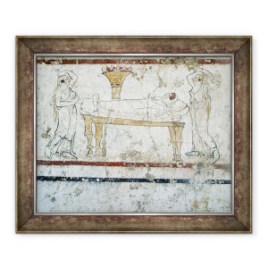 Tablou inramat - Scoala Greaca - Gaudo Necropolis, pictura funerara lucaniana ilustrand decedatul pe patul de moarte, 50 x 60 cm