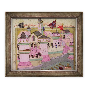 Tablou inramat - Scoala Islamica - TSM H.1524 Asediul Vienei de catre Suleyman I 1494-1566 Magnificul, in 1529, de la Hunername de Lokman, detaliu al Vienei, 50 x 60 cm