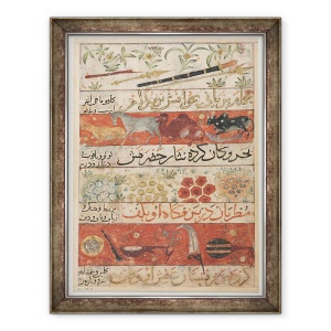 Tablou inramat - Scoala Persana - Animale, Pietre Pretioase, Monede si Instrumente Muzicale, Perioada Ilhanid, 60 x 80 cm