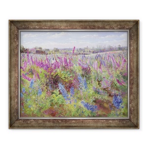 Tablou inramat - Timothy Easton - Campul si Biserica Delphinium, 50 x 60 cm
