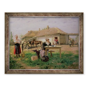 Tablou inramat - Vladimir Egorovic Makovsky - Sosirea unei amante scolare in mediul rural, 60 x 80 cm