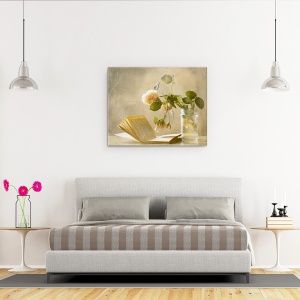 Tablou canvas - Bucuria Unei Zile Ploioase, Floare, Natura Moarta, Carte, Vaza, Flora, 60 x 75 cm - Img 3