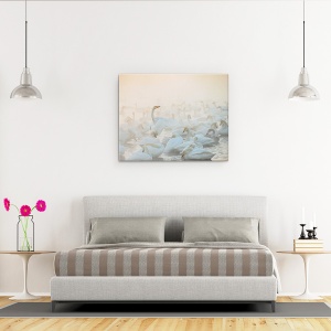 Tablou canvas - Cantecul Diminetii, Lebede, Ceata, Soare, Pasari, 60 x 75 cm - Img 3