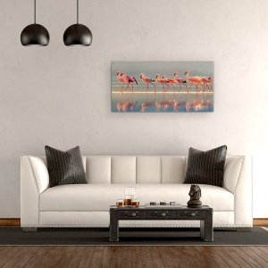 Tablou Canvas - Flamingo, Ceata, Apa, Distanta, Grup, Romantism, Roz, 50 x 100 cm - Img 2